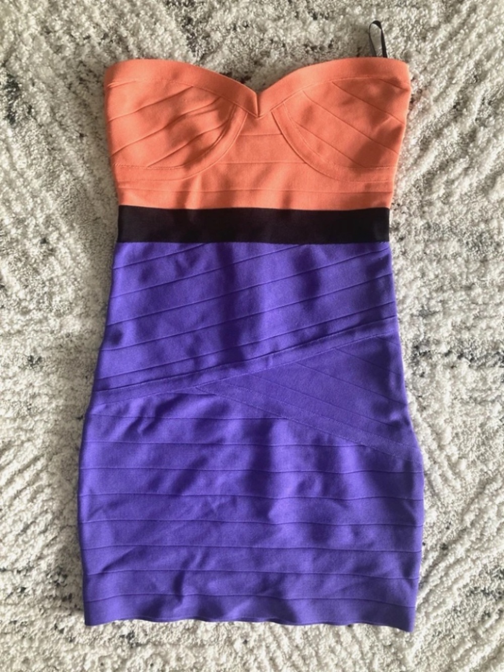 NEW Bebe Coral Purple Black Colorblock Bandage Strapless Skirt top Dress XS 0 2